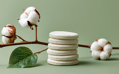 Stacked cotton pads and cotton plant branch with bolls, natural hygiene and skincare products, green background
