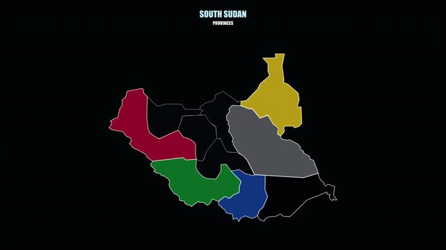 South Sudan Highlighted World Map Animation with Flag Colored Provinces