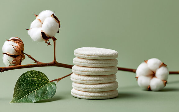 Stacked cotton pads and cotton plant branch with bolls, natural hygiene and skincare products, green background