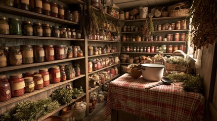 Fototapeta premium Rustic wooden shelves in a cozy pantry filled with various labeled preserve jars and dried herbs.
