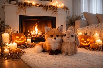Naklejka premium Cute fox and rabbit sitting together on carpet near fireplace with glowing jack o lantern pumpkins. Cozy Halloween home decoration and autumn interior design for seasonal holiday mood