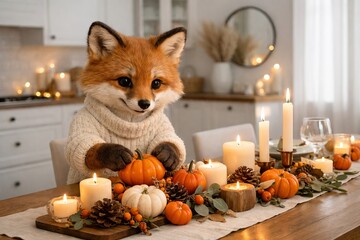 Naklejka premium Cute fox wearing a cozy knitted sweater sitting at a dining table decorated with pumpkins and candles. Autumn harvest celebration concept for Thanksgiving holiday seasonal home decor