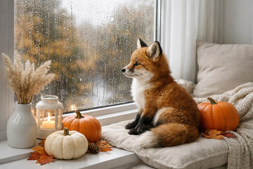 Naklejka premium Fox sitting on a windowsill next to pumpkins and a candle during a rainy autumn day. Cozy atmosphere with fall leaves and home decor for seasonal mood and lifestyle photography