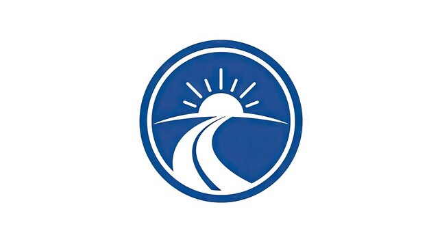 Abstract road and sunrise icon in blue circle emblem.