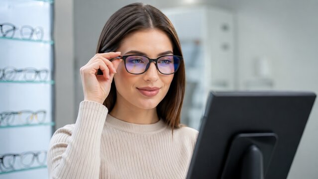 Woman trying on blue light blocking glasses at an optical store. Client examining vision correction eyewear with reflective lenses. Ophthalmology, eye health and vision protect concept