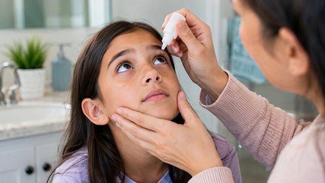 Woman applying eye drop to child in bathroom. Mother caring for sick girl using medical solution for vision health. Pediatric ophthalmology and home healthcare treatment concept