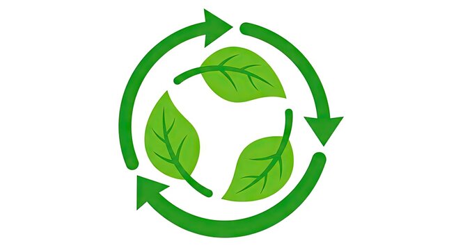 Green circular recycling icon with three leaves.