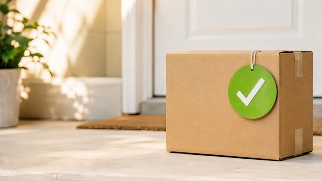 Secure package delivery concept with brown box featuring green checkmark tag on doorstep of modern home entryway. concept of online shopping success, reliability, doorstep delivery.