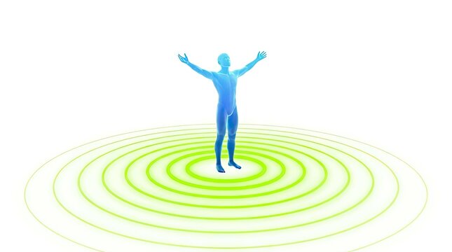 Human silhouette standing amidst green concentric energy waves.