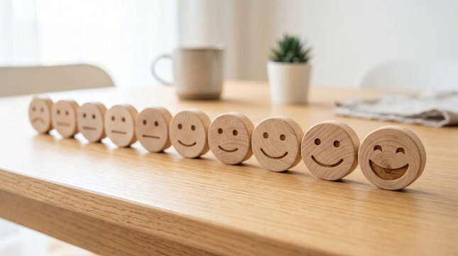 Wooden circular blocks with varying smiley face emotions arranged in a row on a wooden table. Concept of customer service feedback, mood tracking, mental health progress and satisfaction
