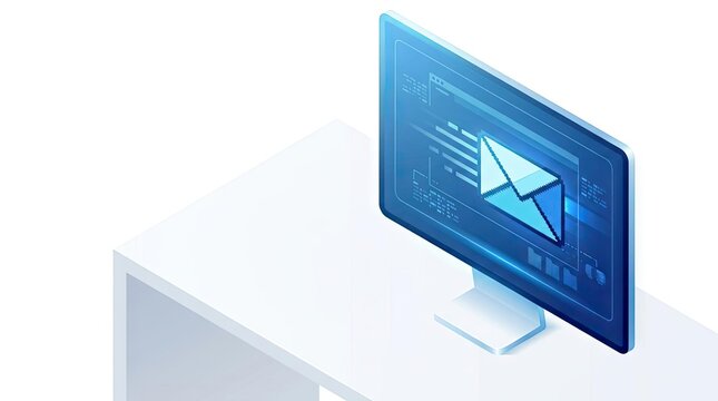 Isometric computer monitor with digital email icon.
