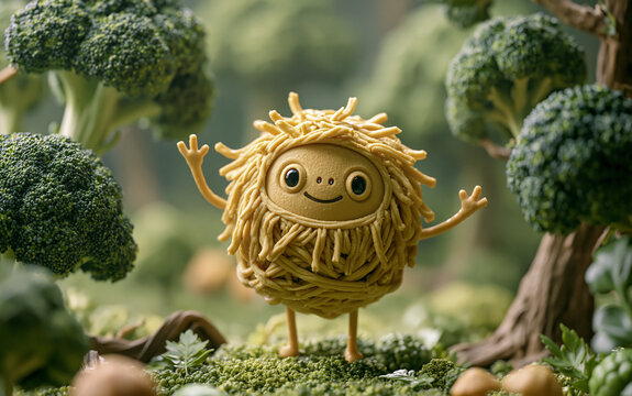 Playful spaghetti monster character waving in surreal broccoli forest