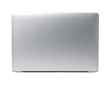 Back view of a slim, modern, silver laptop computer with a sleek design, showcasing its rear side, isolated on a transparent background for versatile use in technology and design projects.