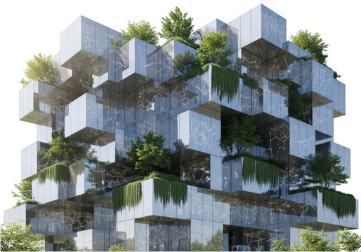 Modern eco friendly building with green trees and blocks isolated on transparent background