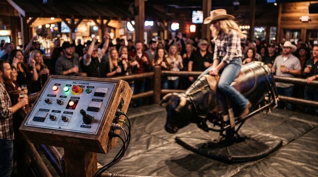 Woman riding mechanical bull in nightclub. Control panel operated by staff for guests at western party. Nightlife entertainment, excitement and adrenaline at country bar or rodeo