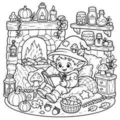 Fototapeta premium cute autumn elf reading coloring page with cozy fireplace pumpkin mushrooms and woodland decor vector illustration