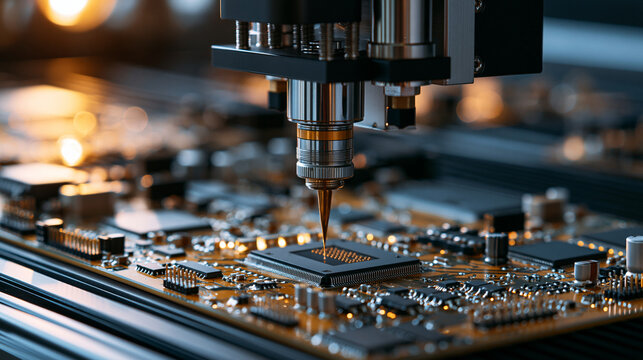 Automated microchip manufacturing machine precisely working on a circuit board under warm industrial lighting. Advanced technology concept for high-tech electronics production.