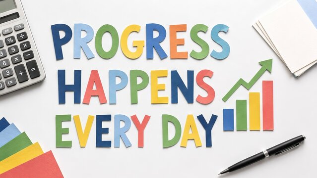 Ransom note style collage with cut out magazine letters on progress and growth concept with graph. inspiration for success, business mindset, and creative design.