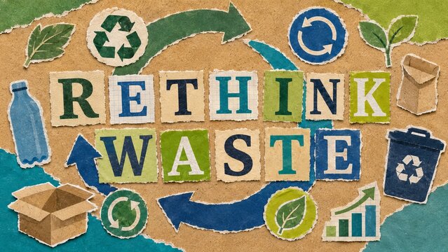 Rethink waste text collage made from cut out magazine paper letters on recycled brown paper. Environmental conservation concept with recycling icons and signs for sustainability awareness