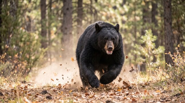 Black bear charging across a forest clearing in a bluff attack