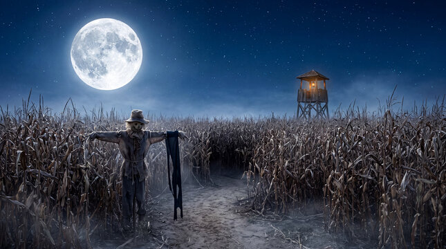 Eerie scarecrow standing at the dark entrance of a creepy corn maze under a bright full moon and starry night sky with a watchtower.