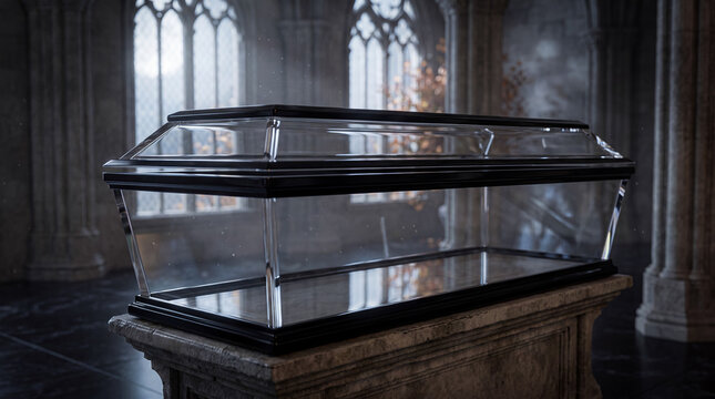 Empty Glass Coffin with a Black Wooden Frame Resting on a Stone Pedestal Inside a Spooky Dark Gothic Cathedral Hall at Night