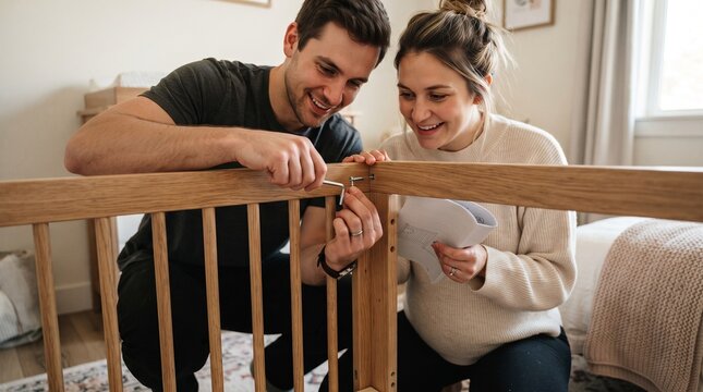 A pregnant woman and her partner assemble a wooden crib, smiling with anticipation for their new baby.