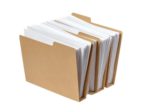 Brown paper file folder containing many white sheets of documents used for organizing important office paperwork in a professional setting