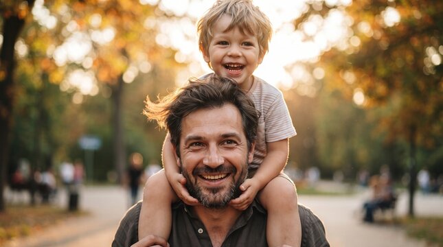 A father carries his joyful son on his shoulders, sharing a warm embrace and a radiant smile amidst the golden hues of an autumn park.
