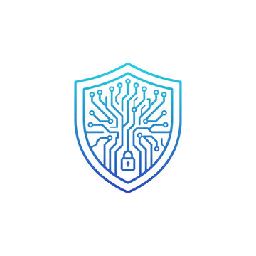 cyber security shield with AI circuit pattern minimal flat vector icon isolated on transparent background 