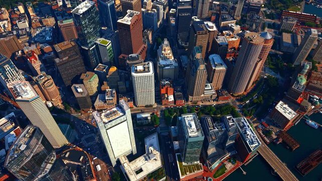 Financial District of Boston, Massachusetts, USA. Drone footage over the gorgeous buildings and busy streets of the city.