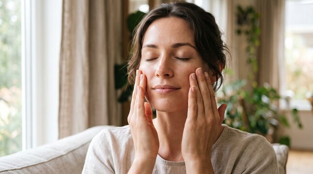 A woman with closed eyes gently massages her face, experiencing a moment of pure relaxation and self-care, with soft natural light filtering through a window.