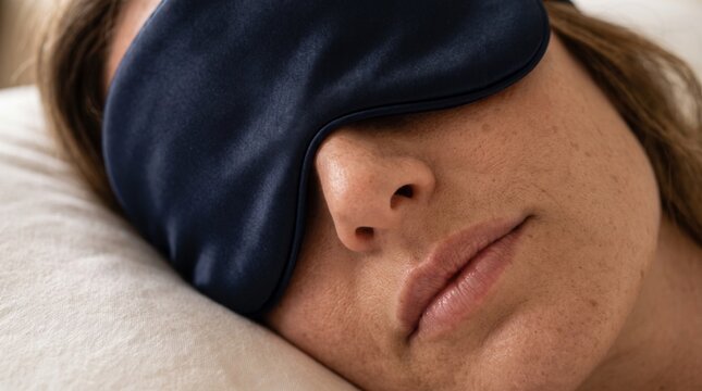 A woman sleeps soundly, her eyes covered by a dark blue satin sleep mask, resting on a soft white pillow, implying deep rest and peaceful slumber.
