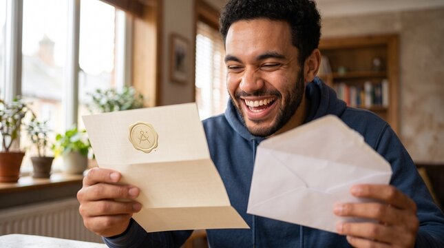 A young man with a broad smile holds an opened letter and envelope, his eyes sparkling with delight as he reads the contents, showcasing a moment of pure happiness and good news.