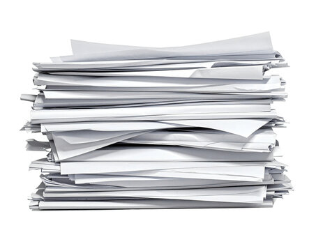 Large stack of white office paper documents organized in a messy pile for this professional studio photograph business concept