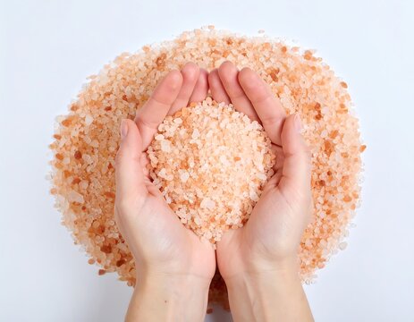 Hands holding pink salt with a pile of salt in the background showing the texture and color of the salt at a bright location