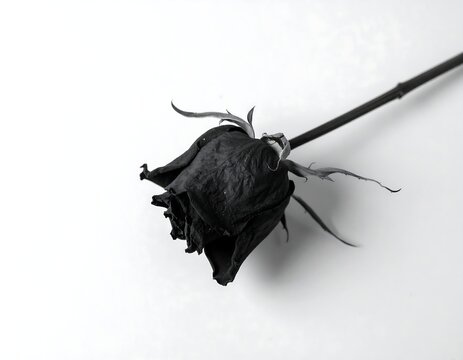 Black rose withered on a plain background in a bright space during the day