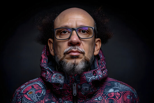 Bearded man with glasses and a colorful jacket.