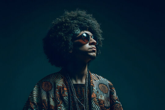 Man with an afro and a patterned jacket.