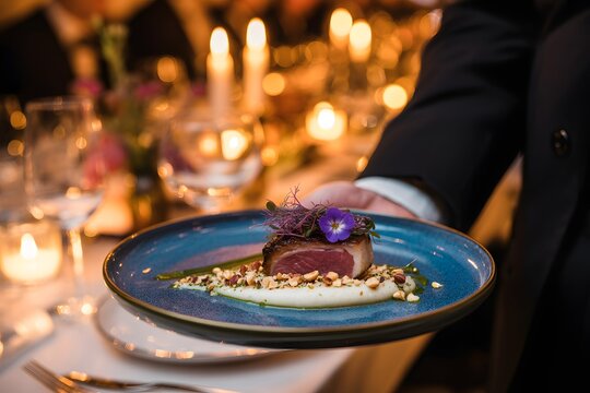 Waiter serving gourmet plate with meat steak and flower garnish at luxury dinner