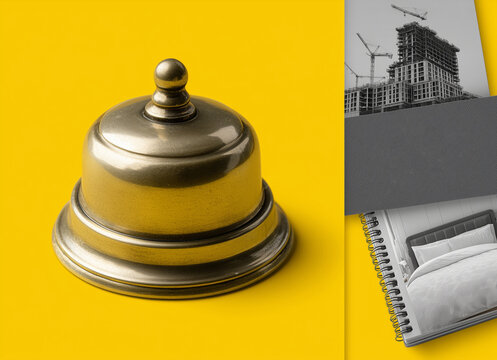 Reception bell on a yellow background. Reception gold bell on a light background. Concept of service, waiting, hotel service, and customer service.