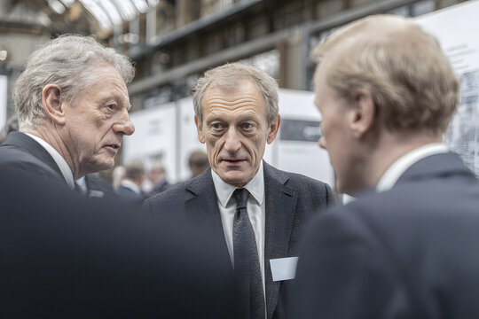 Three men conversing at a corporate event
