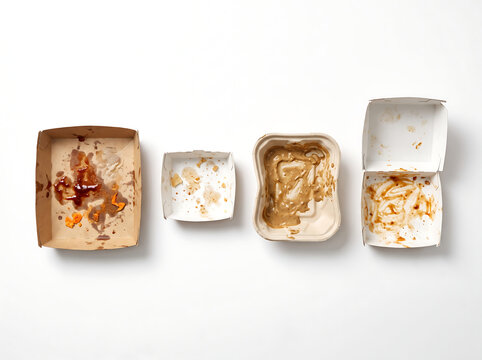 Dirty empty cardboard takeaway food containers