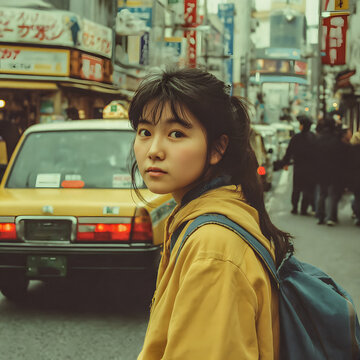 Young Asian woman on a busy street