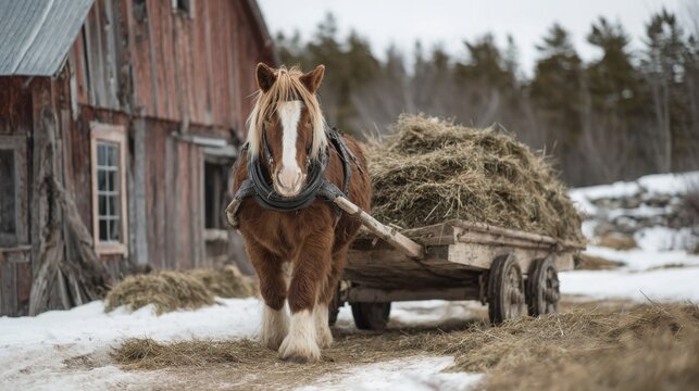 Sturdy brown draft horse with powerful musculature pulls a loaded hay wagon near a rustic barn in winter