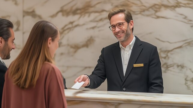 The receptionist in a suit gives a card to a woman at the counter in the soft light of the lobby. Guests in casual clothes check in.