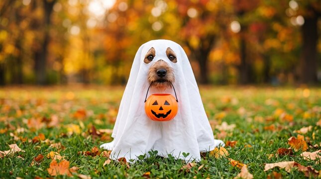 dog in a ghost costume holding a pumpkin outdoors in autumn