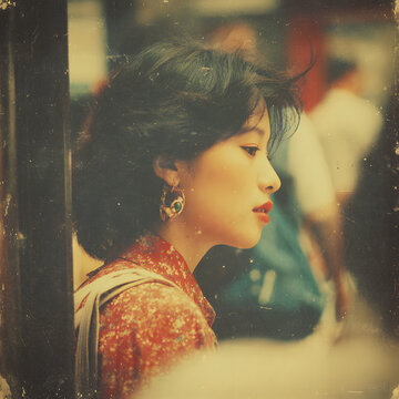 Asian woman in profile wearing a floral shirt