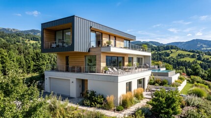 Fototapeta premium Modern luxury house in the mountains on a sunny day