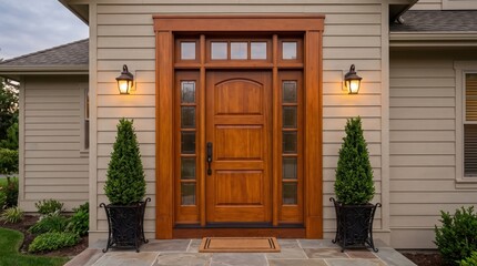 Fototapeta premium Classic wooden front door of a suburban house with lamps